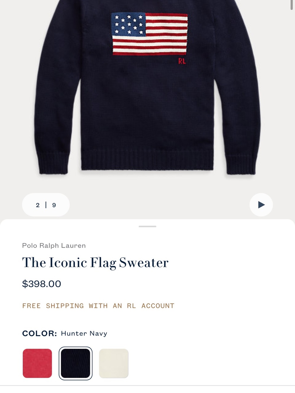 Ralph Lauren Navy Sweater with Red, White & Blue Flag Intarsia
